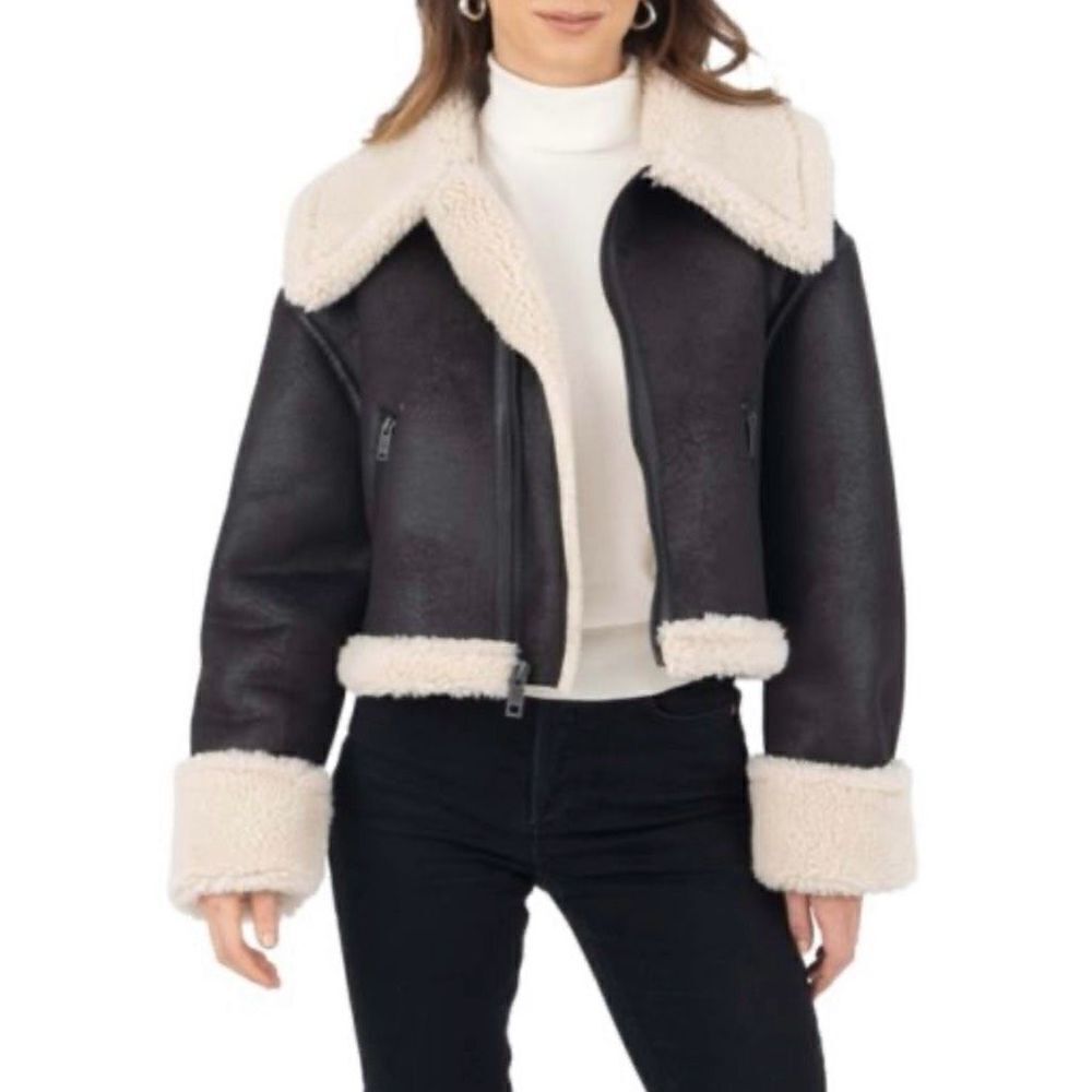 Frye Vegan Leather Faux Shearling Crop Jacket Bomber Aviator Womens Size Large